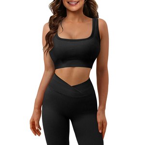 Women's Black Ribbed Yoga Set High Waist Leggings Scoop Neck Racerback Sports Bra 2 Piece Seamless Stretchable Workout Wear - Product Image 4