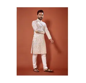 Walimah Special Designer Fancy Long length Kurta And Full length Chudidaar For Men Lucknowi Embroidered Work with Print Kurta