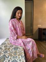 Gaun Maxi Wanita Musim Gugur Musim Panas Kasual Tenun Ramah Lingkungan Dapat Dicuci Kancing Cetak Blok Tangan Motif Bunga Bohemian Kerah O Lengan 3/4