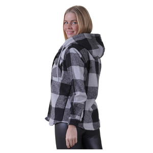 Veste à capuche pour femme - Gris noir à carreaux - Doublure en fourrure - Double poche poitrine - Coupe ample et décontractée - Product Image 4