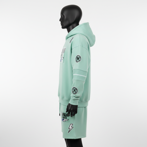 Conjunto de sudadera con capucha y pantalones cortos para hombre, premium, 320 GSM, algodón y poliéster, color verde menta, con logo personalizado impreso. - Product Image 3