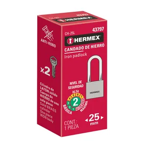 Lucchetto in ferro con chiave HERMEX in ottone cilindro lungo gancio da 25mm confezionato in una scatola di 6 unità - Product Image 3