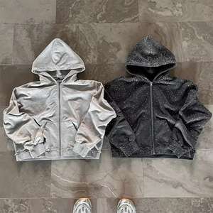 Sudadera con Capucha para Hombre, Estilo Vintage, Personalizada por el Fabricante, de Felpa Francesa, Corta, con Estampado Puff, Cierre de Cremallera, Lavado Ácido Desgastado, con Gráficos de Pedrería - Product Image 2