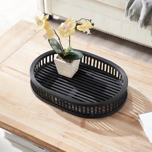 Plateau de service élégant en bambou fait à la main, noir, multifonctionnel, écologique, moderne, élégant, rangement unique pour salle de bain, salon - Product Image 4