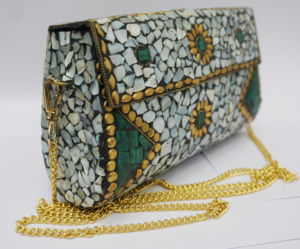 Elegant Women's Bohemian Portable Clutch with Mother of Pearl Stone Work Flower Embellishment <b>Gold</b> Chain Evening Daily <b>Bag</b> - Product Image 2