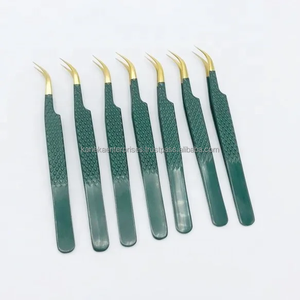 Pinces à épiler professionnelles en acier inoxydable vert courbé, pointe dorée, antistatiques et antimagnétiques, pour marque privée, vente en gros - Product Image 2