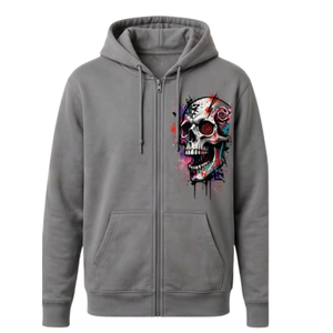 Sudadera con capucha gris para hombre con cremallera completa y gráfico de calavera y rosas coloridas, estilo urbano con estampado artístico en la parte delantera y trasera. - Product Image 1