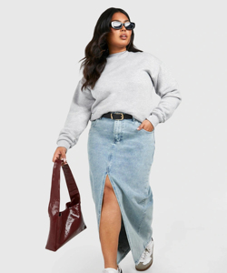 Jupe courte en jean taille haute pour femme, style décontracté d'été, avec fermeture éclair, fente haute, coupe trapèze, bleu délavé - Product Image 1