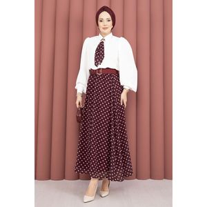 Burgundy Chiffon Women's Summer Set Loose-Fitting Short <b>Top</b> Floral Pattern Skirt Polka Dot Belt Scarf <b>One</b>-Piece Pant Trouser - Product Image 4