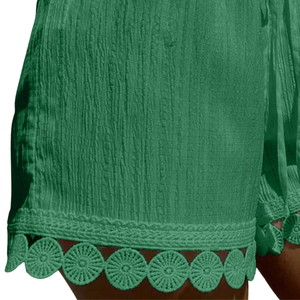 Shorts de Playa Casuales para Mujer, Cintura Alta, Cordón Ajustable, Corte Regular, Textura Arrugada, Ribete de Encaje, Ecológicos, Ligeros, para Vacaciones - Product Image 6
