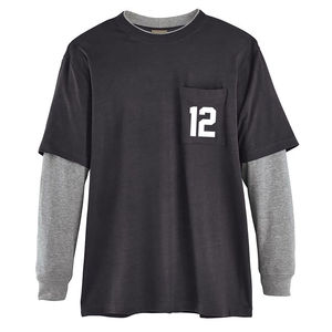 Point de contraste délavé noir rétro T-shirt surdimensionné à manches longues col rond T-shirt Vintage lavé en détresse T-shirts pour hommes - Product Image 1