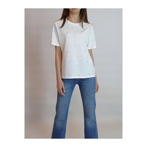T-shirt in cotone pettinato con pietra nera a collo Zero da donna y101098 - Product Image 2