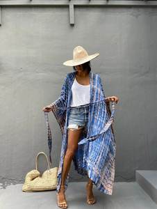 Kimono long floral pour femmes 2023, tie-dye, couvre-maillot de plage, ceinture, taille naturelle, longueur au sol, motif uni, style tissé pour l'été - Product Image 5