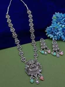 DERNIER DESIGNER À LA MODE ABD TRADITIONNEL OXYDSIDE ARGENT NOIR MENTAL BIJOUX LONG PENDENTIF COLLIER ENSEMBLE POUR FEMMES ET FILLES - Product Image 5