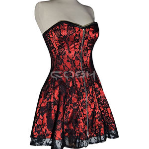 Mini-robe de mariée corset en satin rouge avec dentelle florale noire et baleines en acier |   Fournisseur de tenues de mariage romantiques et sexy avec corset - Product Image 3