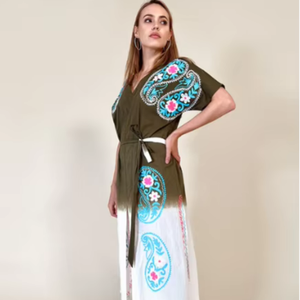 Vestido largo hasta el tobillo con manga larga bordada para mujer, vestido con cinturón - Product Image 1