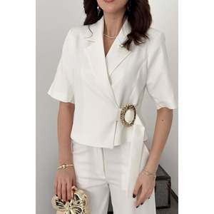 Ecru Single-Buckle Jacket And Trousers <b>Set</b> - Ecru - Product Image 4