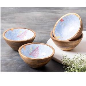 Ensemble de 4 bols de service en bois émaillé imprimé pour salade de fruits, service de soupe, usage hôtelier et de restauration, usage hôtelier et de station balnéaire - Product Image 1