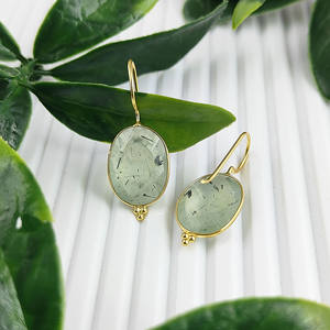 Vente en gros de boucles d'oreilles ovales en pierre précieuse de prehnite naturelle simple, conception de lunette artisanale, bijoux à la mode à la mode - Product Image 6