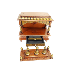Temple en bois traditionnel fait à la main de haute qualité cuivre poli mural hindou Pooja Mandir conception gravée anniversaire facile - Product Image 1
