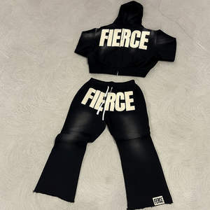 Ensemble de survêtement d'hiver deux pièces pour homme, personnalisé, en tissu épais, imprimé, avec broderie effet vieilli et pantalon de survêtement délavé à l'acide, vente en gros - Product Image 2