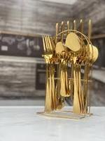 STOCK Promotion Cadeaux Antique Or Laiton Couverts Ensemble en bois Or Boîte Vaisselle Table à manger Réglage Traiteur 24pcs Couverts Ensemble