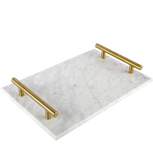 Bandeja Redonda de Mármol Blanco con Asas Doradas Curvadas Elegante Plato para Servir Organizador de Tocador Decorativo para Baño, Bar, Cocina - Product Image 3