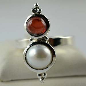 925 Sterling <b>Silver</b> Handmade <b>Ring</b> with Freshwater Pearl and <b>Garnet</b> Boho June Birthstone Jewelry Perfect Gift for Her Birthday - Product Image 2