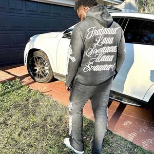 High Quality Retro Flared Hoodie Set for <b>Men</b> Unisex Acid Wash Tracksuit 2-Piece Custom <b>Black</b> Embroidery Patch Winter Rhinestone - Product Image 2