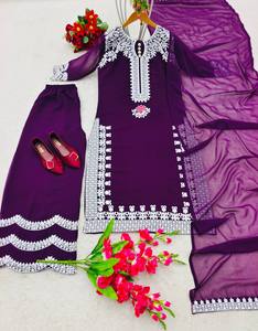 Ropa de fiesta Faux Georgette Kurta Pant con Dupatta Traje completamente cosido Vestido tradicional Hilo bordado Trabajo Ropa informal - Product Image 3