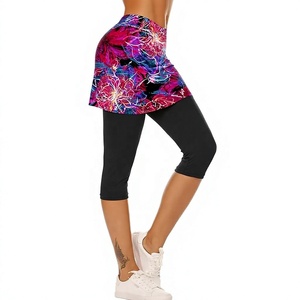 Jupe de yoga taille haute unie avec contrôle du ventre, legging évasé capri, extensible dans quatre directions, en coton et élasthanne, séchage rapide, respirant, pour femme - Product Image 1