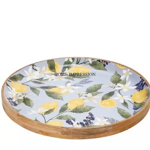 Wholesale Bulk Selling Round Shape Attractive Unique Designer Round Shape Wooden <b>Tray</b> With Gold Plated Metal Leaves Handles - Product Image 6