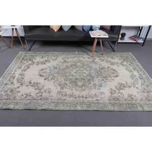 Alfombra Turca Vintage de 5.3x8.1 pies, Alfombra de Área, Alfombra de Lana Sólida Gris Verde - Product Image 3