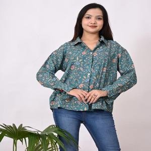Camisa floral de algodón de gran tamaño para mujer Camisa verde de diseñador con estampado de bloques hechos a mano | Ropa de moda para mujer - Product Image 4