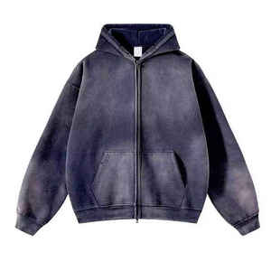 เสื้อฮู้ดผ้าฝ้ายโอเวอร์ไซส์ไซส์แบบมีซิปล้างกรดแบบกำหนดเอง - Product Image 4