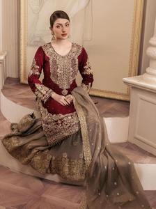 DESIGNER GEORGETTE VRAI MIROIR CODAGE SÉQUENCE BRODERIE TRAVAIL TOP SHARARA AVEC DUPATTA MAROON - Product Image 4