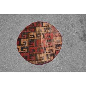 2.3x2.3 ft Turkish Vintage Rug, Round Rug, <b>Red</b> <b>Wool</b> Rug - Product Image 3