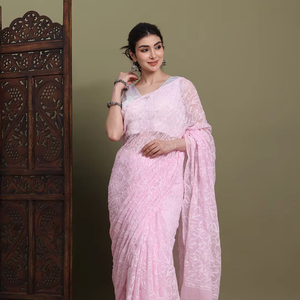 Bharat Chikan udhyog แท้ georgette chikankari ปักด้วยมือย่นฟรี Saree เลื่อมตัด Dana ทำงาน Viscose unstitched - Product Image 1