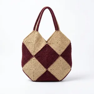 Two Tone Woven Raffia Tote Bag Large Capacity Portable Shoulder Handbag with Custom Logo for Beach Travel Daily Use - Product Image 1