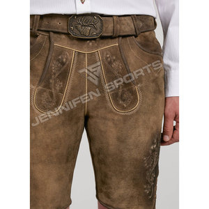 Oktoberfest ผู้ชาย Lederhosen สั้นหนัง Cowhide แท้ด้านหน้าปักปุ่มปิดด้านข้างและกระเป๋าด้านหลังพร้อมห่วงเข็มขัด - Product Image 2