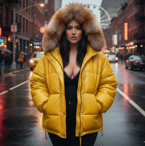 Veste en cuir matelassée à fermeture éclair fine coupe-vent à carreaux pour femmes avec col en fourrure de renard Vêtements d'extérieur d'hiver - Product Image 5