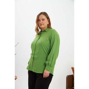 RMG Plus Size Green Stone Detail Woven Polyester Shirt for Women - Elegant Casual Long Sleeve Blouse <b>Top</b> - Product Image 4