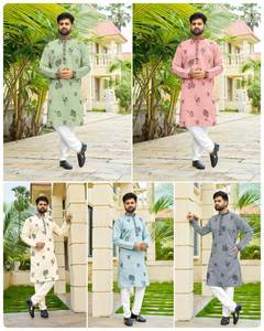 Lightweight Durable Modern Roman Silk Embroidery Work Trendy <b>Party</b> Reversible Quick Dry Kurta Set - Product Image 6