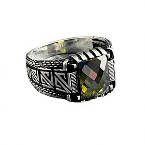 Handmade <b>Silver</b> Turkish Vintage Style <b>Men's</b> <b>Ring</b> with Green Peridot Square Cut Gemstone <b>Mens</b> Jewelry Gift - Product Image 1