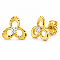 JJBRAVO Pendientes de Oro Sólido de 14k con Diseño Floral de Trébol Abierto y Circonitas Redondas para Mujer, Regalo para Bodas y Fiestas, Joyería Fina