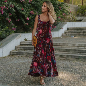 Robe longue maxi de soirée pour femme, style vintage, imprimé floral, en velours de coton, sans manches, design de créateur, longueur ras du sol - Product Image 1
