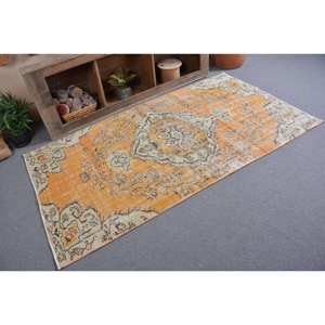 Tapis Turc Vintage 3.9x 7.4ft Orange Beige Plat Tissage Laine Patchwork Motif pour Salon Couloir Décorations Latex Support - Product Image 2