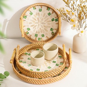 Bandeja de nácar de ratán de lujo, bandejas de incrustaciones de fregona de mosaico al mejor precio, bandeja de servicio hecha a mano - Product Image 1