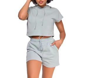 Top corto de gimnasio de alta calidad, sudaderas con capucha para mujer, conjunto de pantalones cortos de dos piezas personalizados, camiseta para mujer y chándal corto de gran tamaño 2026 - Product Image 1