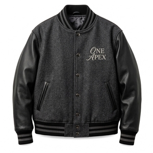 แจ็คเก็ตหนังสีดำแบบกำหนดเอง แจ็คเก็ต Letterman แขนหนัง ตัวเสื้อทำจากผ้าขนสัตว์ แจ็คเก็ตสไตล์ Bomber แนวสตรีทแวร์ คอเสื้อถักแบบริบ ผู้ผลิต OEM ODM จากสหรัฐอเมริกา - Product Image 1